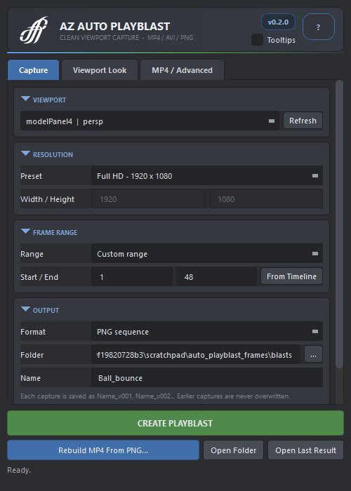 The window ready to capture a custom range of 48 frames to a PNG sequence.