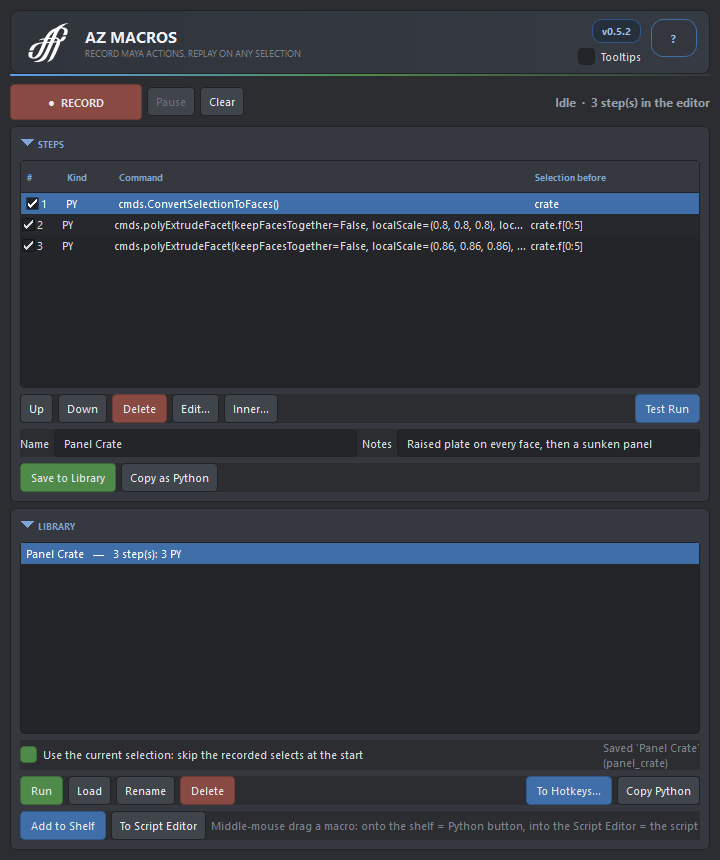 The AZ Macros window: Record, Pause and Clear, the step list with kind, command and the selection before each step, the name and notes fields, and the library with Run, Load, Rename, Delete, Add to Shelf and To Script Editor.