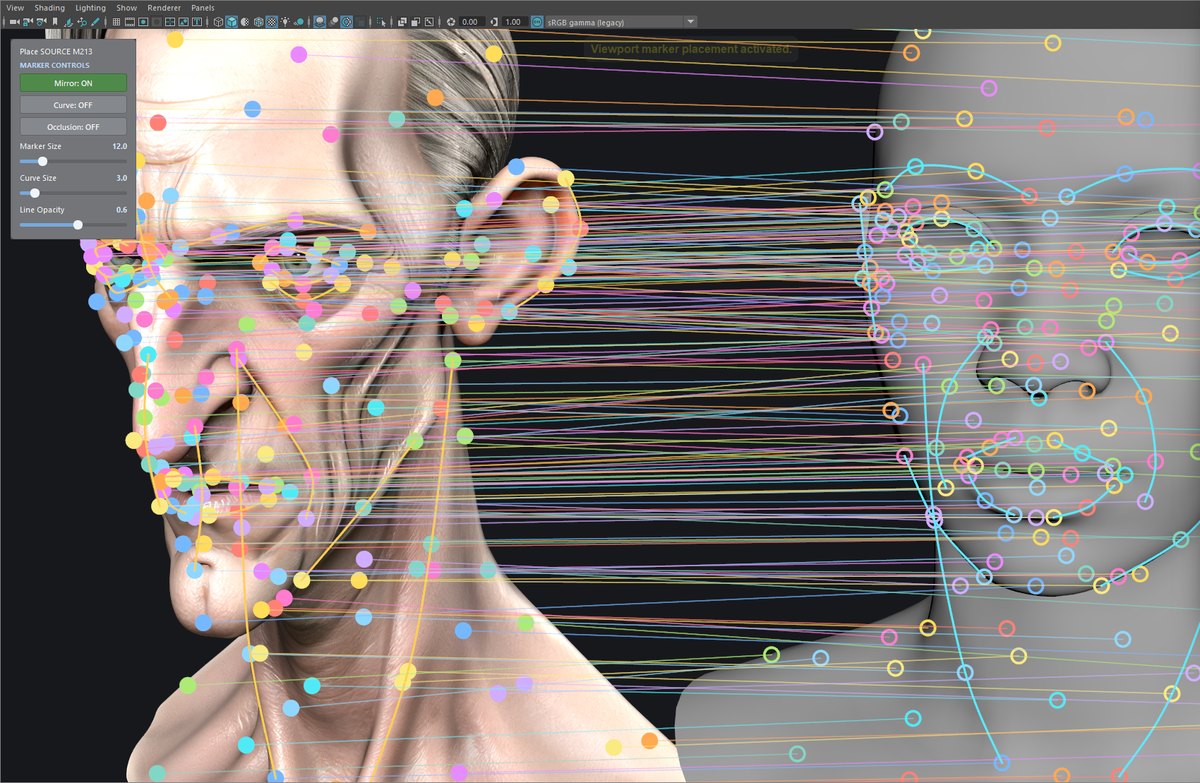 The Maya viewport with the marker placement tool active: 212 colour-coded marker pairs on a textured head scan and on a generic base head, pair lines between them, and the tool's HUD with Mirror, Curve and Occlusion toggles and size sliders.