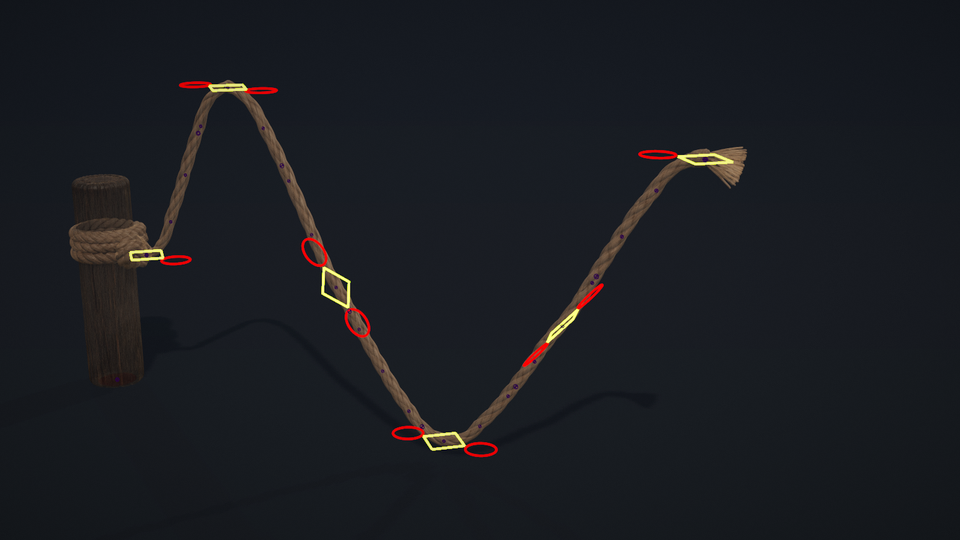 The rigged rope in a wave pose: red circles are the T0 position controls, yellow squares their tangent handles.