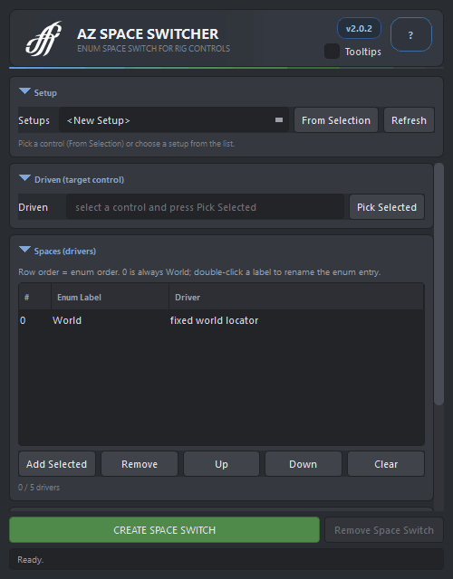 The AZ Space Switcher window going through the four steps: empty form, control picked, three drivers added, space switch created.