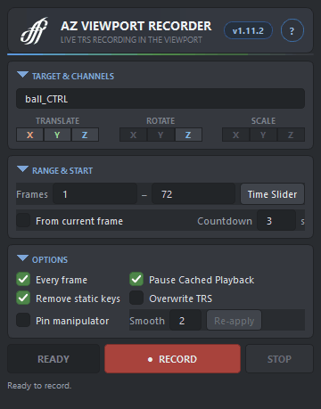 The AZ Viewport Recorder window: ready with a selected target, counting down, recording, and the status line after the take.